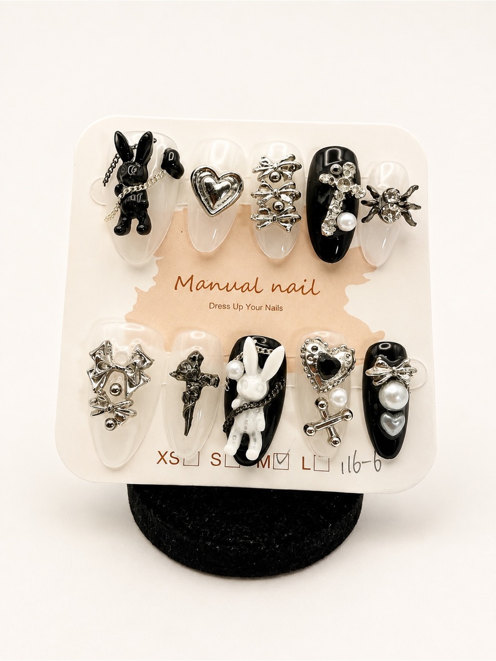 3D Black & Silver Press-On Nails – Y2K Gothic Charm Nail Set – Size M